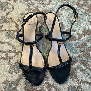 Tory Burch T Logo Gold Black Leather Size 9 M Thin Heels Double Strap Sandals